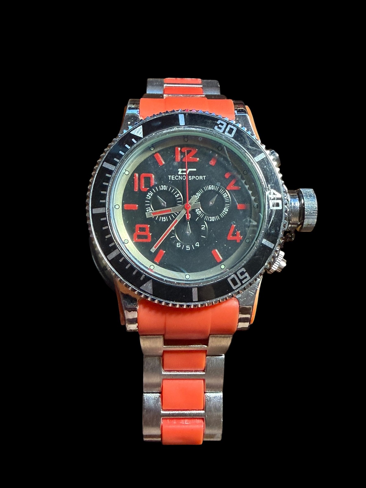 Tecno Sport Diver Style Chronograph Watch Men’s Black Dial Orange & Silver Band