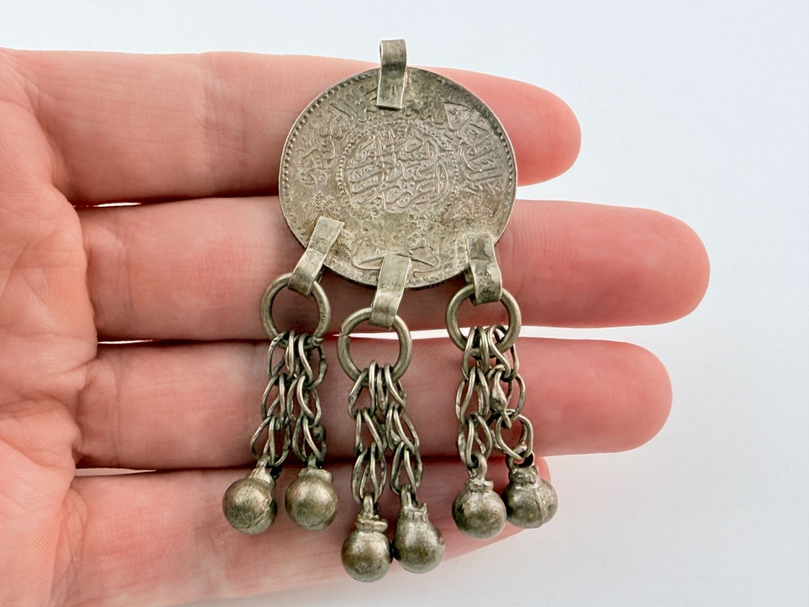Vintage 1 Riyal Silver Coin with 6 Bell Tassels Pendant from Saudi Arabia 20g