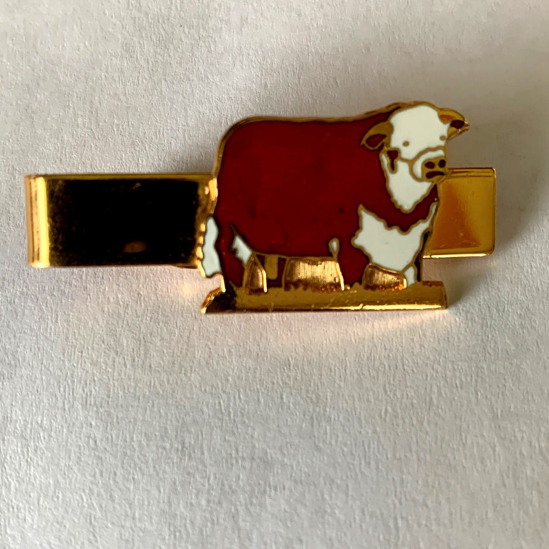 Vintage LEAVENS Hereford Bull Tie Clip Bar | Cloisonné Cow Clip