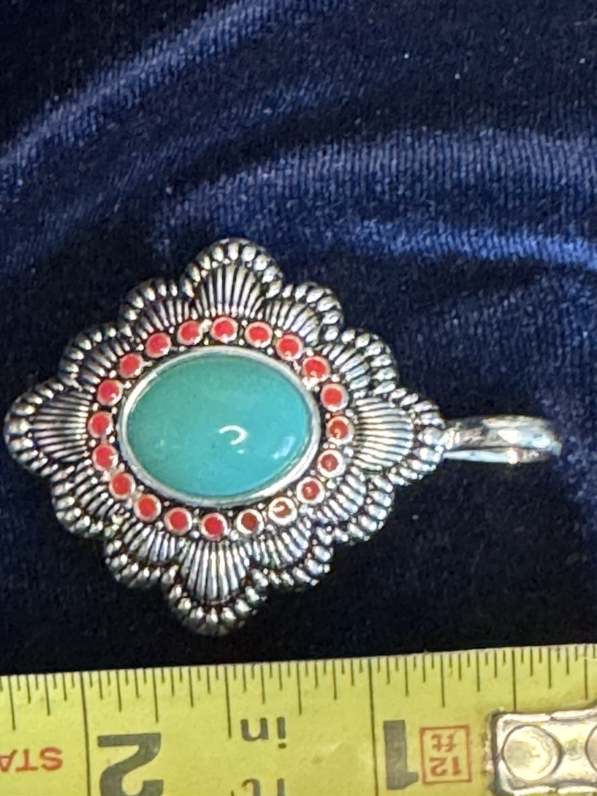 Vintage Southwest Style Turquoise Red Cabochon Silver Tone Statement Pendant