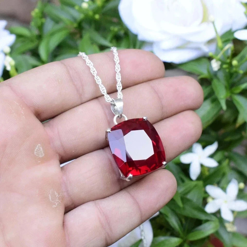Natural 21 Ct Cushion Cut Red Ruby Silver Pendant AGL Certified Gemstone Jewelry