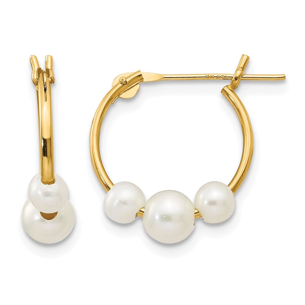14k Yellow Gold White Semi-round Cultured 3 Pearl Hoop Earrings 0.27 g