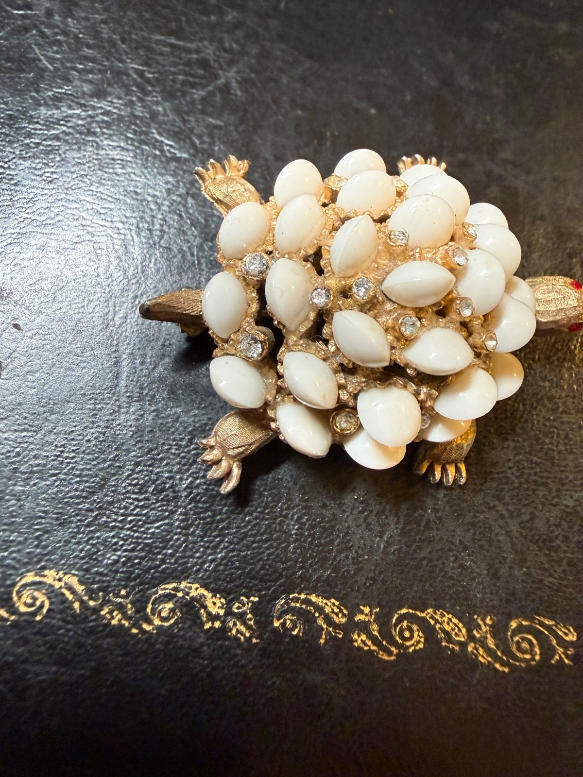 Vintage HAR Turtle brooch Gold Tone White Figural Animal Pin Signed Excellent