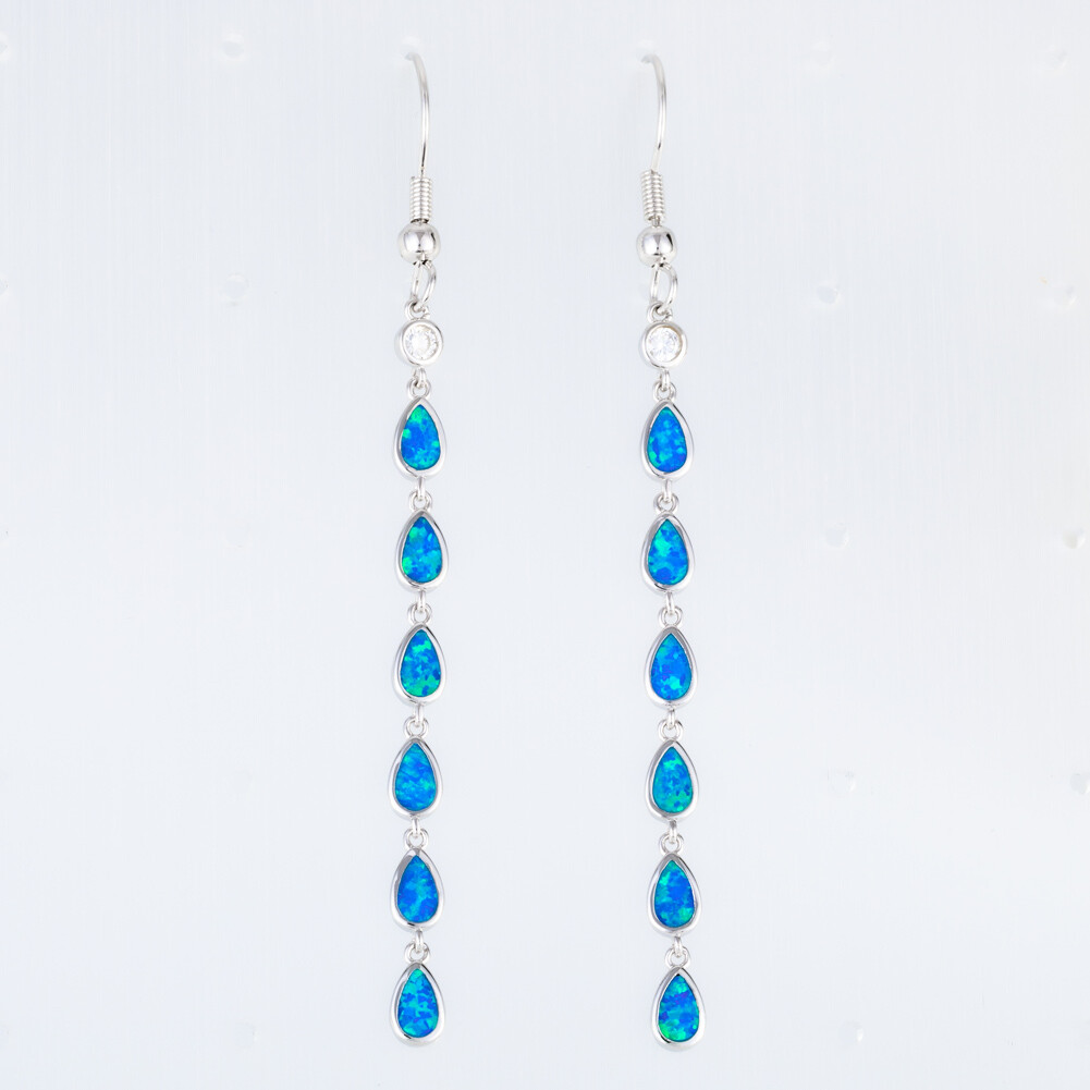 Multi Pear Shape Ocean Blue Fire Opal CZ Silver Jewelry Dangle Drop Earrings