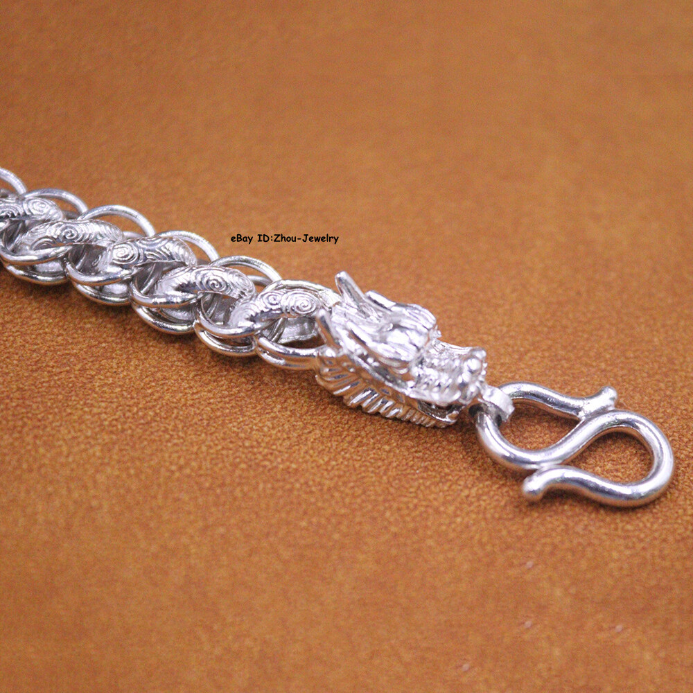 Pure S999 Fine Silver 999 Chain Curb Link Dragon Head Bracelet 27-28g 8.26inch