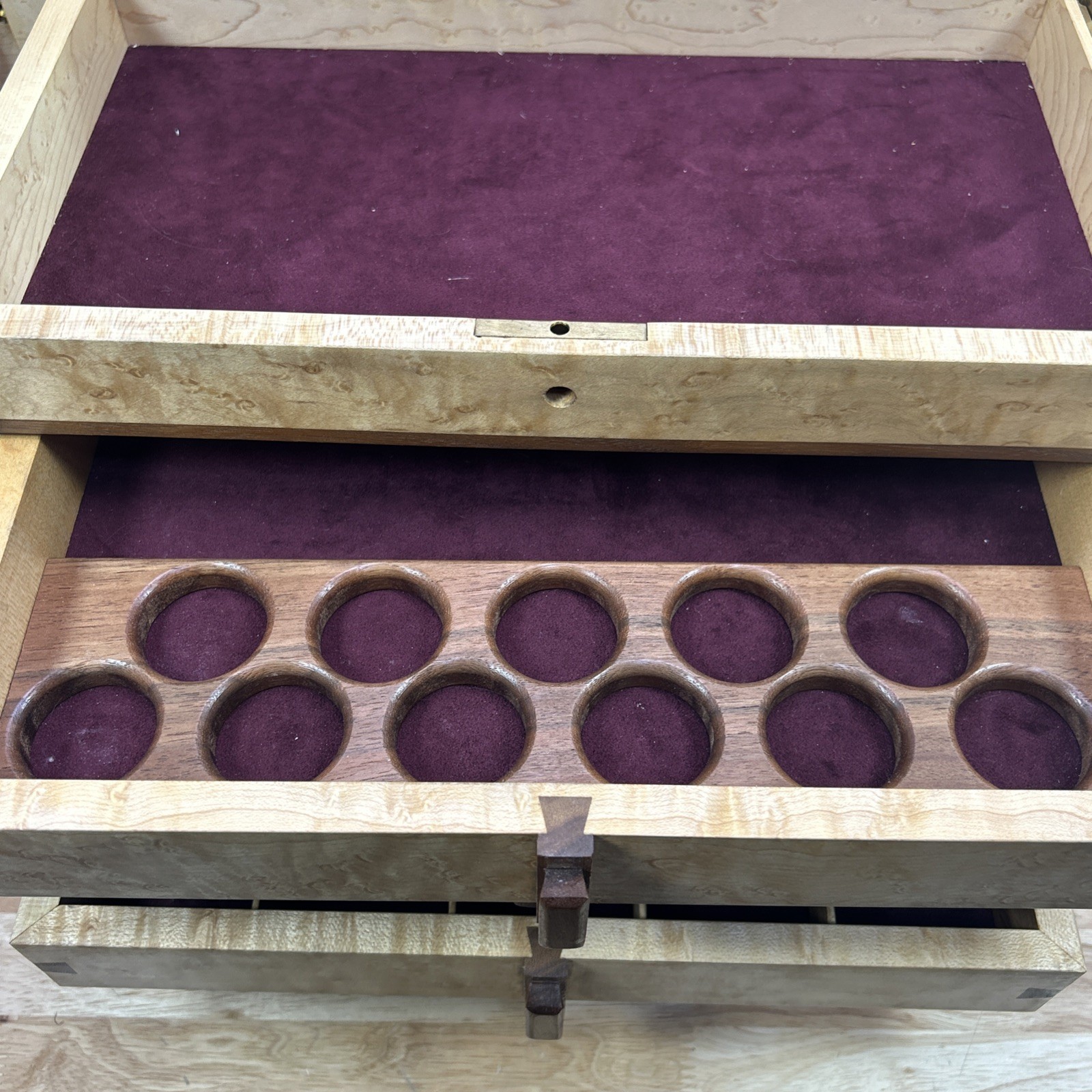 Jewelry Box Handmade Artisan Birdseye Maple Walnut Accent Inlay Lined Dovetail