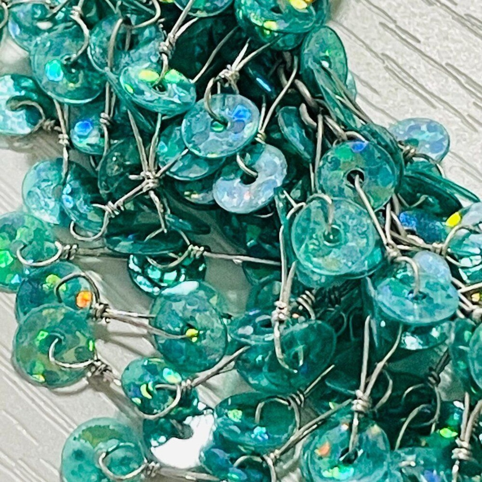 Teal Sequin Fringe Statement Necklace Iridescent Bib Collar