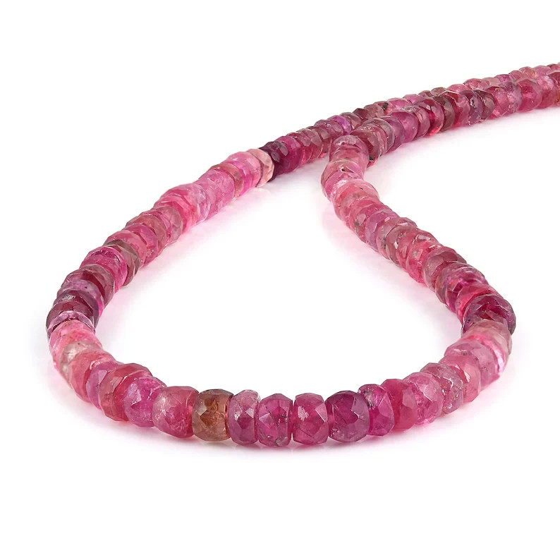 Natural Pink Tourmaline Beaded Necklace 18″ 925 Sterling Silver Handmade Gift