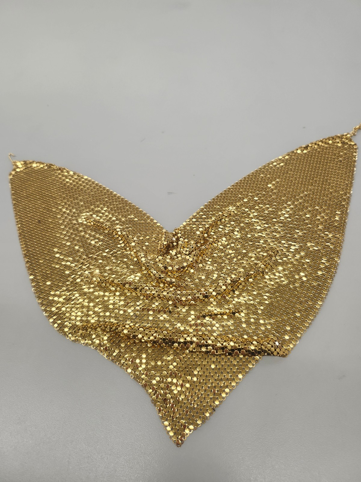Signed Whiting & Davis Gold Tone Mesh Bib Necklace Disco Era Vintage 17″ x 7″