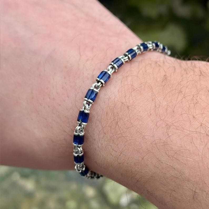 925 Sterling Silver Men Sapphire Byzantine Chain Link Bracelet