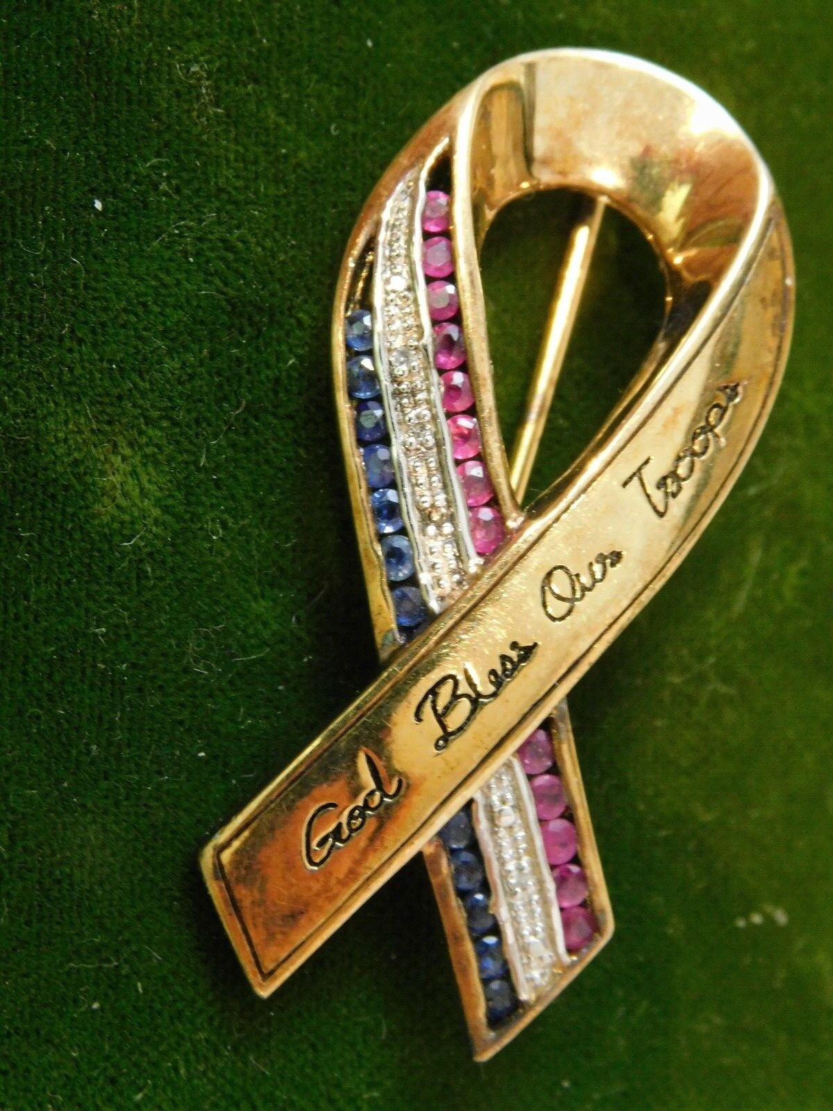 Patriotic USA Ruby Sapphire Dia. God Bless Our Troops Brooch 925 Gold 10a 104
