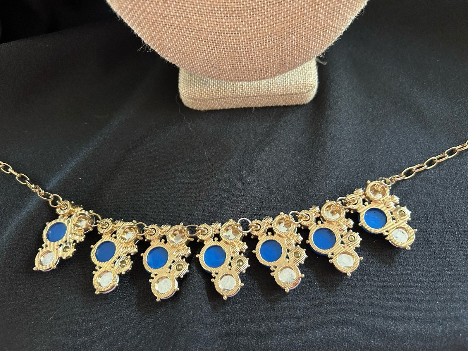 Blue Bubble Statement Necklace Rhinestone Bib Chunky Cluster Gold Tone 20″