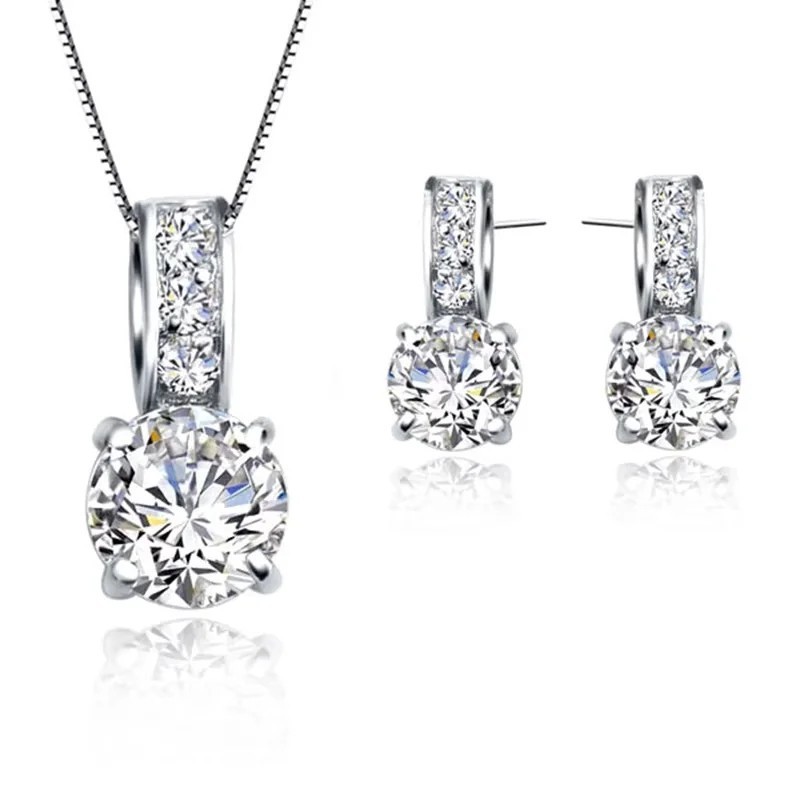 3Pcs-925 Sterling Silver Bridal Jewelry Set CZ Crystal Necklace Earrings Gift