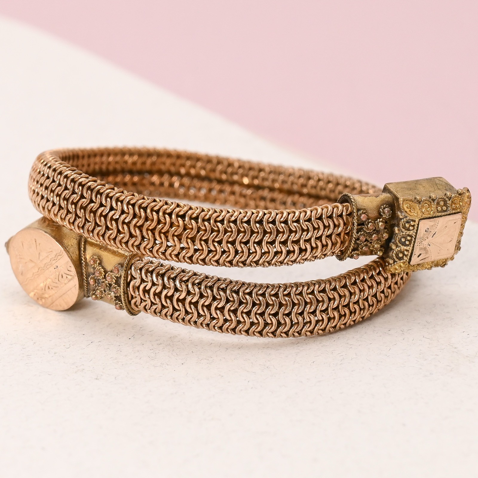 Antique Victorian Etruscan Revival Gold Filled Mesh Bypass Bracelet