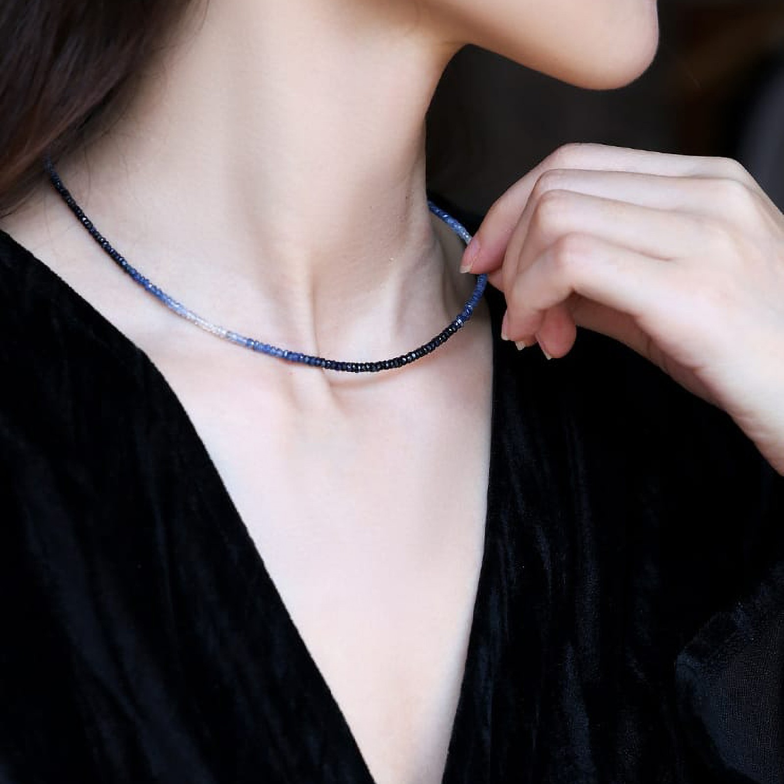 18K Gold Ombre Sapphire Choker, Gradient Blue Beaded Necklace, Gift for Her