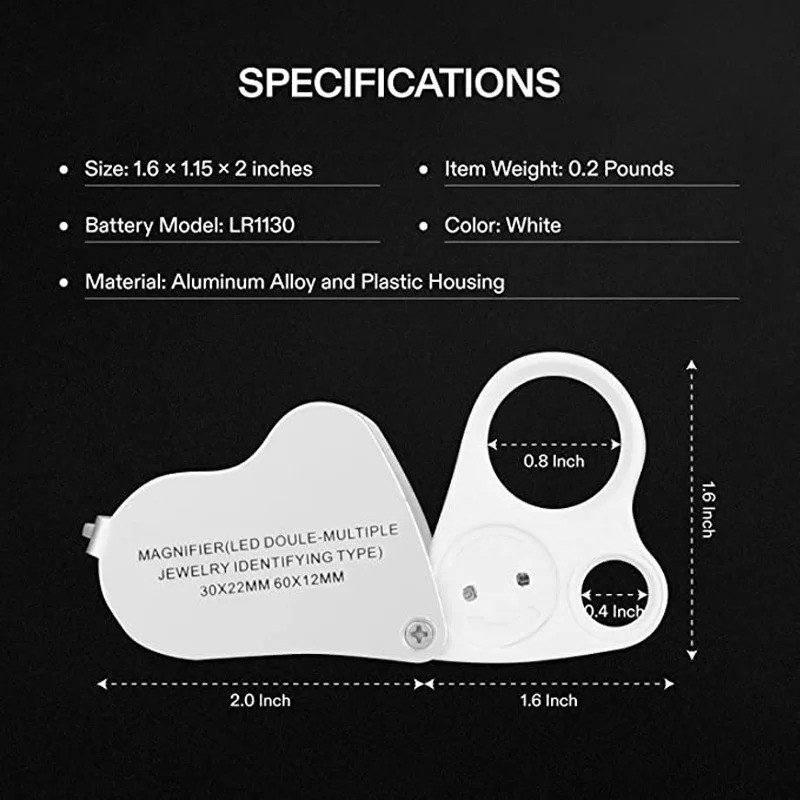 30X 60X LED Illuminated Jeweler’s Loupe – Foldable Magnifier for Coins & Gems