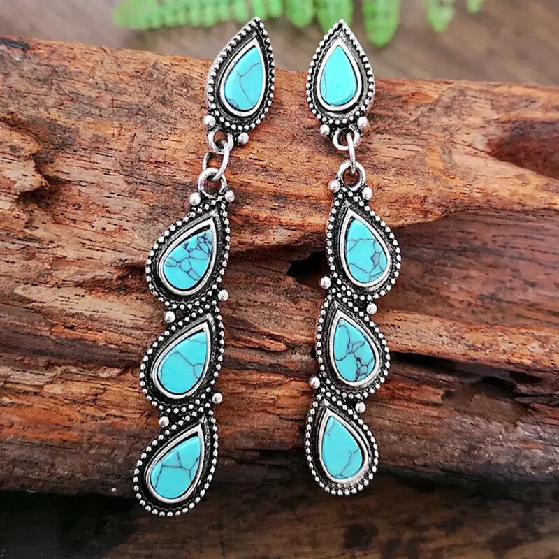 Boho Waterdrop Shape Turquoise Long Earrings 925 Silver Plated Vintage Jewelry