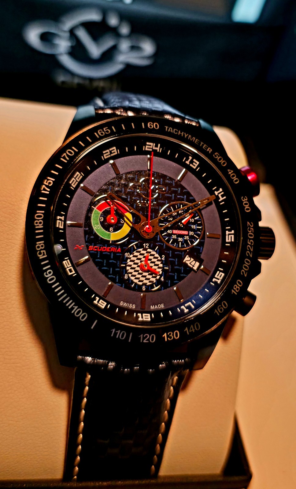 GEVRIL SCUDERIA SWISS MADE ⌚ TACHOMETER SAPPHIRE CRYSTAL CARBON FIBER BLUE ALARM