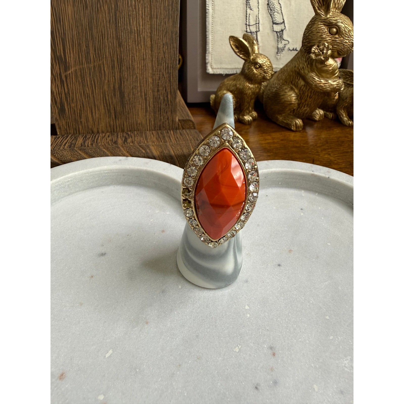 Gold Tone Orange Marquise Resin Rhinestone Leaf Engraved Statement Ring Size 7.5