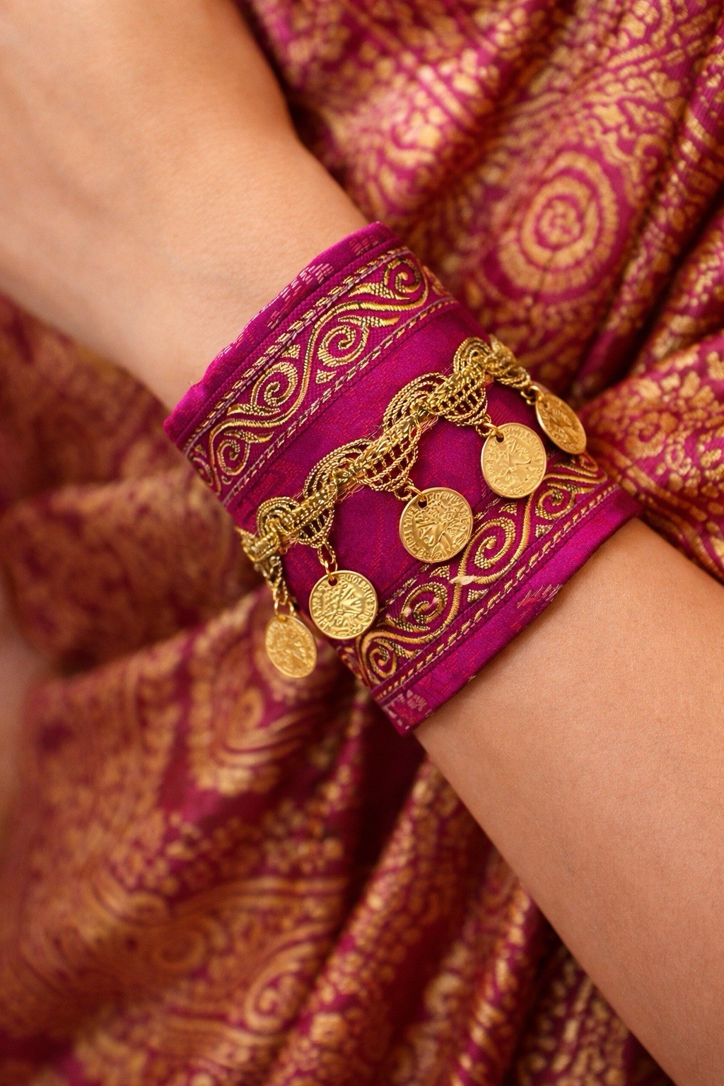 Artisan Fuchsia and Gold Coin Cuff Bracelet Adjustable Wrist Jewelry Art Signed