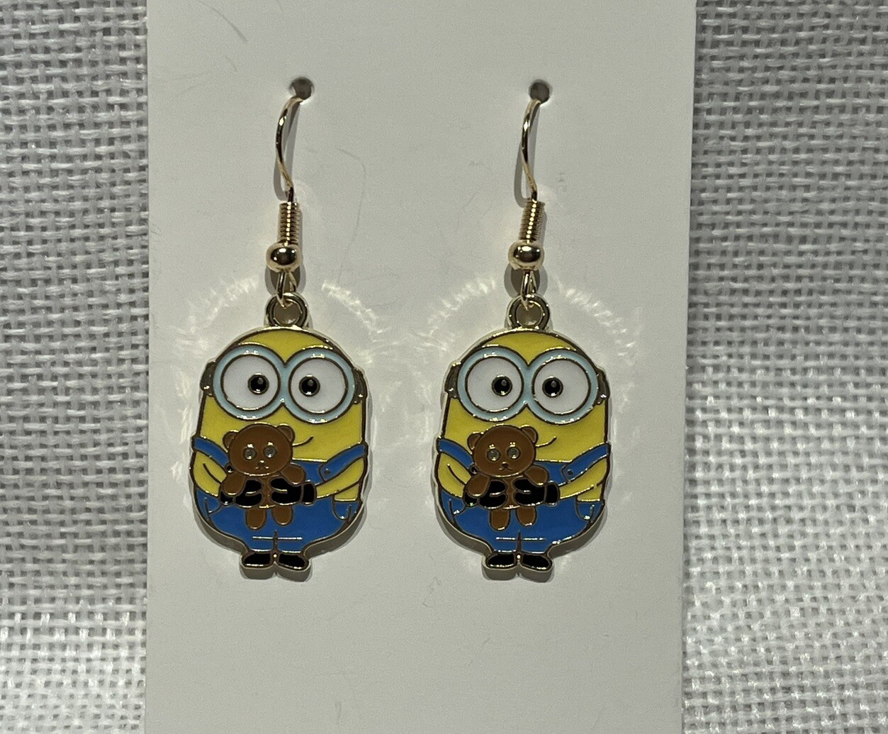 Cartoon Minion Character Gold Loop Enamel Drop Dangle Adorable Earring Set