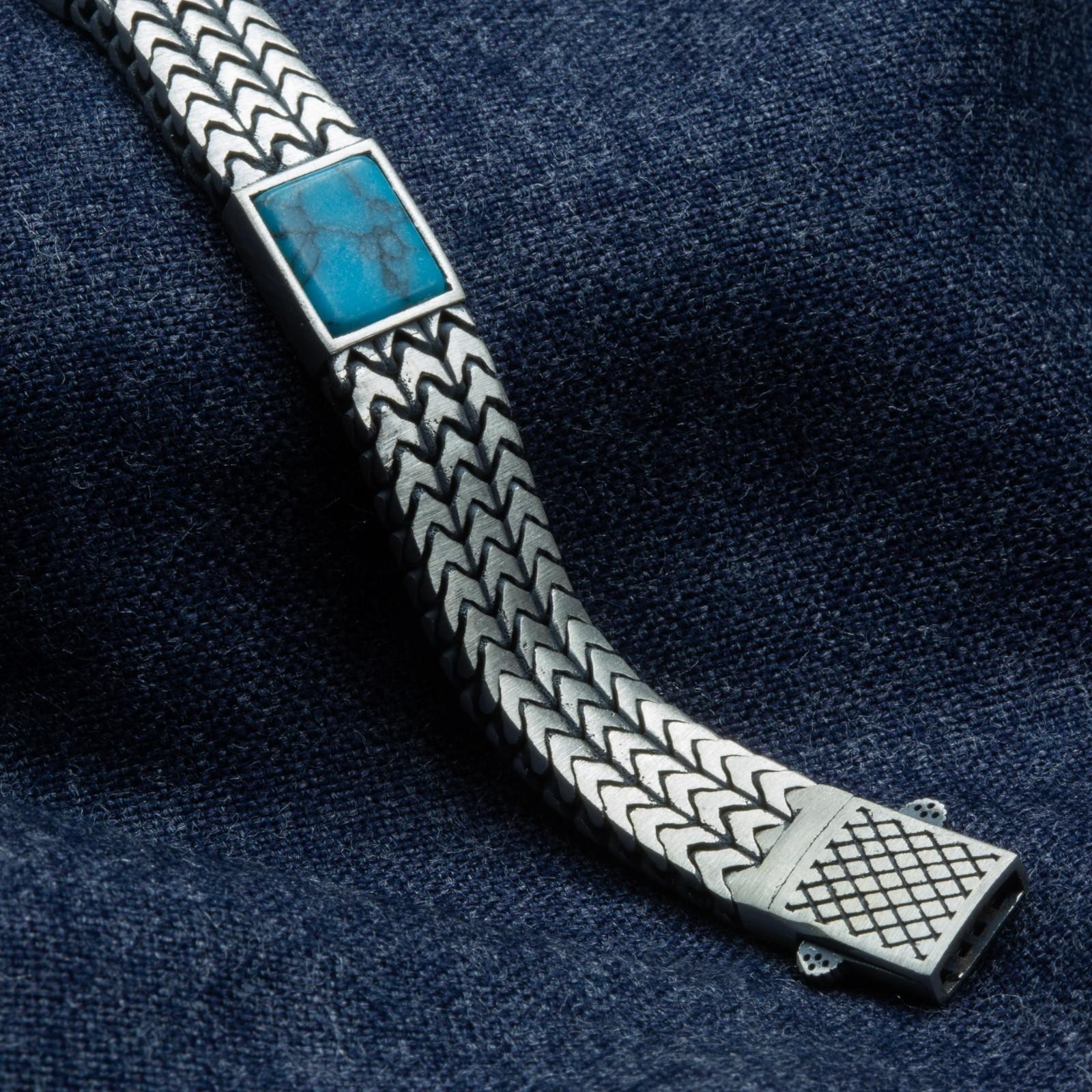 925 Men’s 925 Sterling Silver Foxtail Curb Chain Turquoise Gemstone Bracelet
