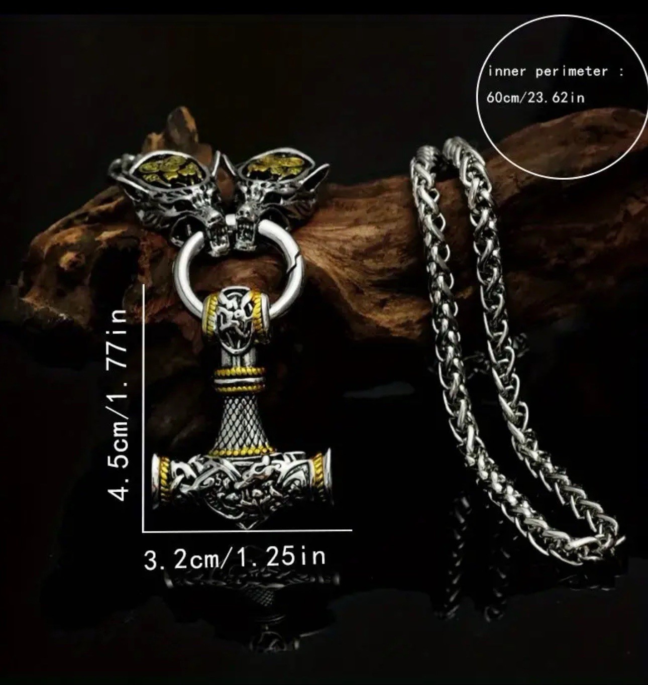 Men’s Viking Hammer Pendant Necklace Silver Gold Color 23.62in