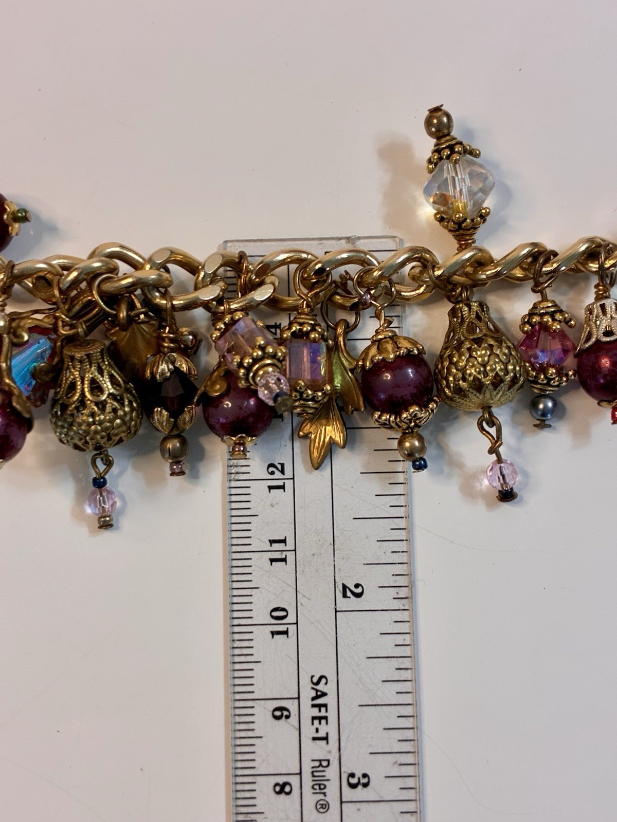 Gold Tone Cable Chain Charm Bracelet Toggle w/ Crystal Dangle Leaf Charms