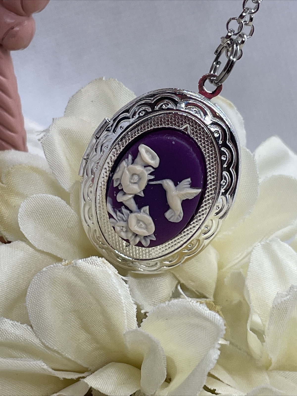 Purple Hummingbird Dainty Cameo Locket Silver Gift Wedding Party Jewelry Heart