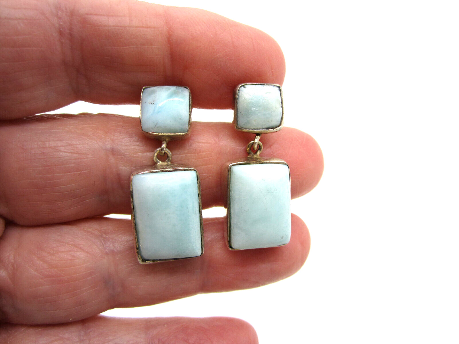 Estate Gorgeous Sterling Silver Blue Larimar 11.9 Gram Dangle Pierced Earrings