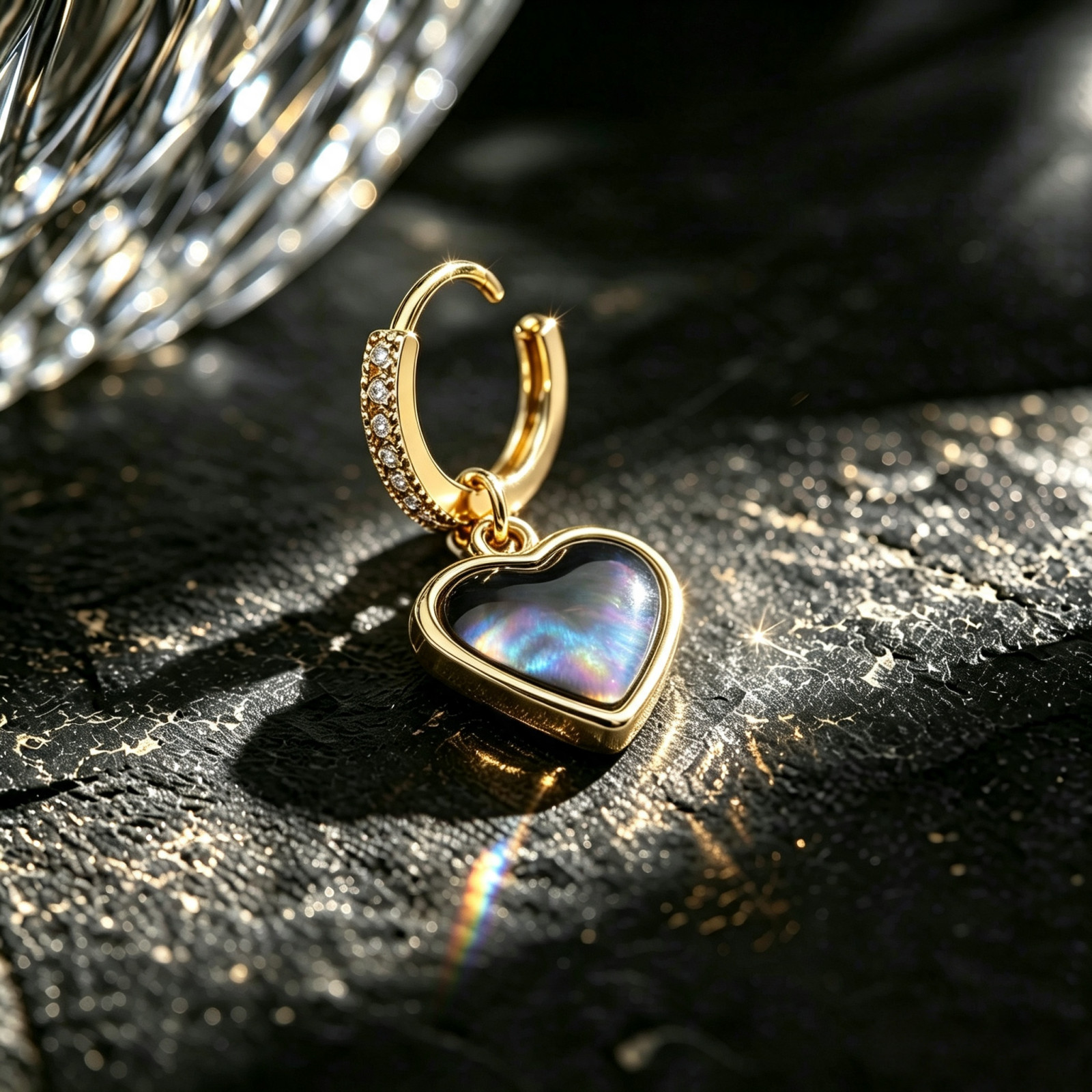 14K Gold Plated Mother of Pearl Heart Hoop Earrings for Women, Black White Shell