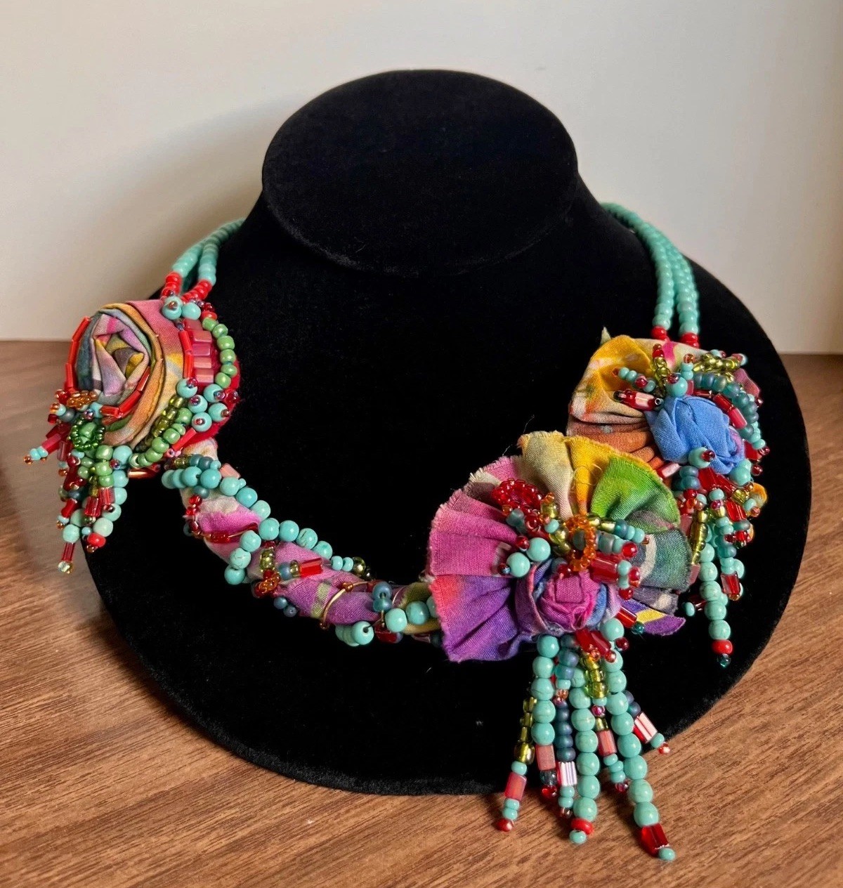 ArtisanMade Turquoise Beaded Fabric Statement Necklace Carla Fox Design Festive