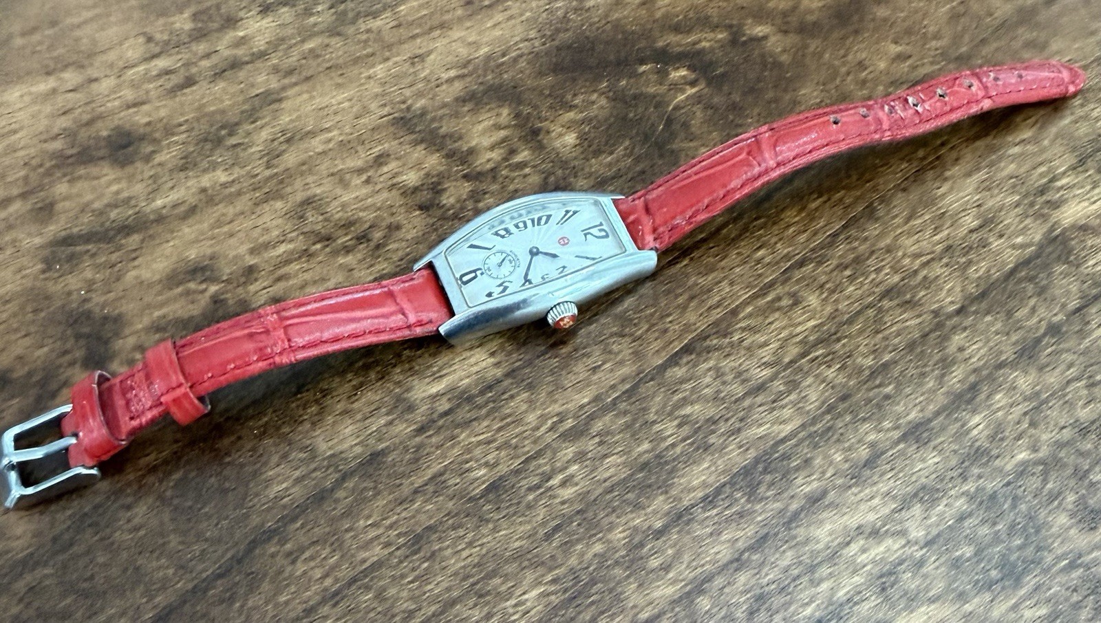 Michele Coquette Swiss Quartz Watch Stainless Steel Red Leather Strap Running
