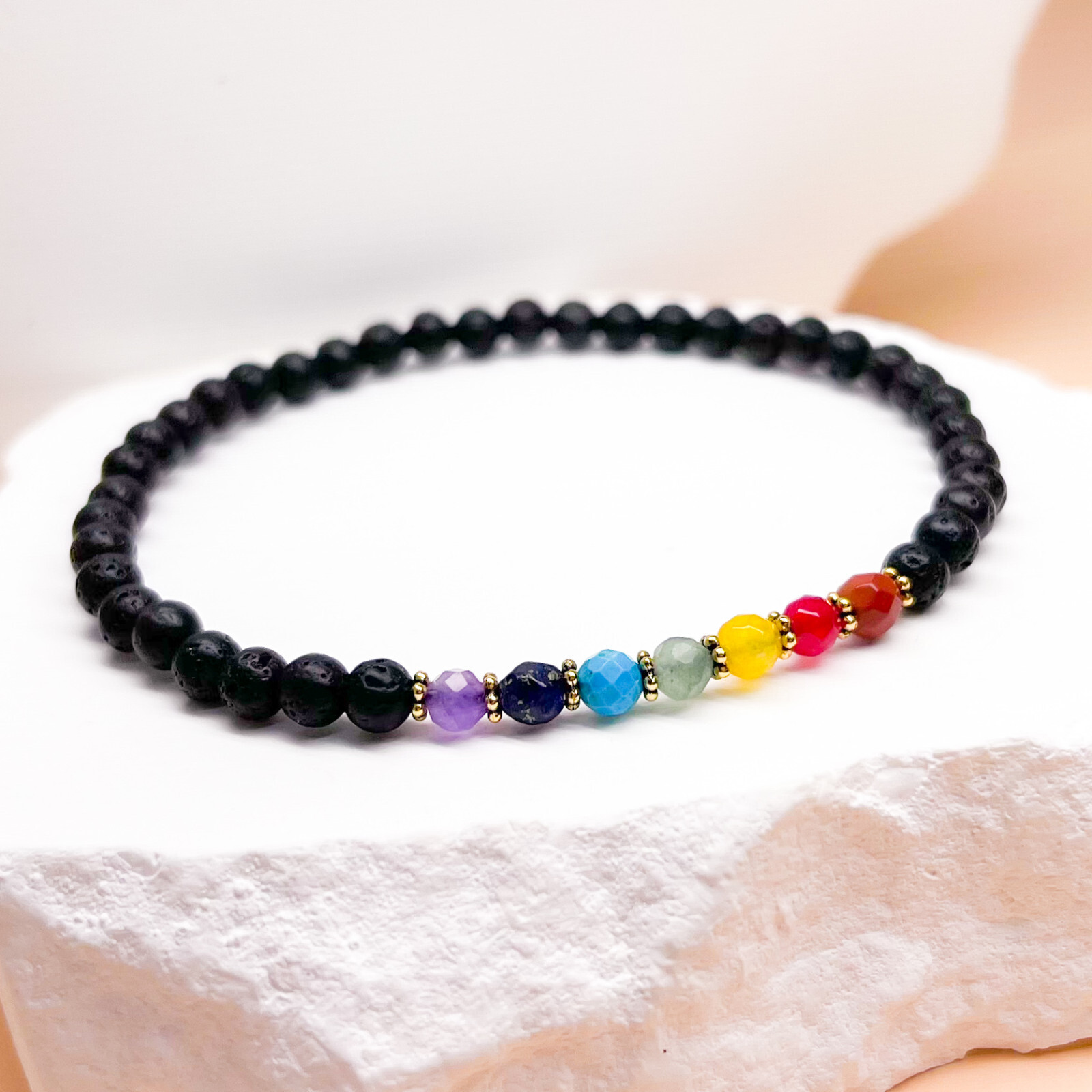 7 Chakra Gemstone Volcanic Lava Rock Bracelet, Harmony and Balance
