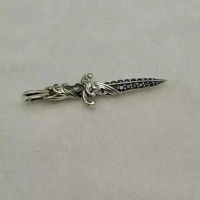 1Ctw Round Cut Lab Created Black Diamond Knife Pendant 14K White Gold Plated