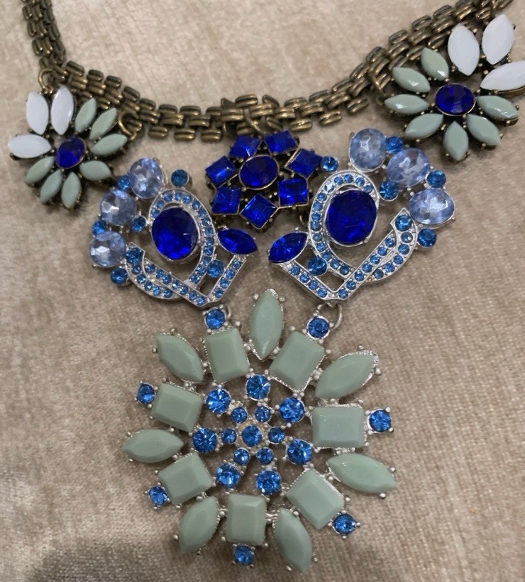 Statement Necklace Antique Look Blue Crystals