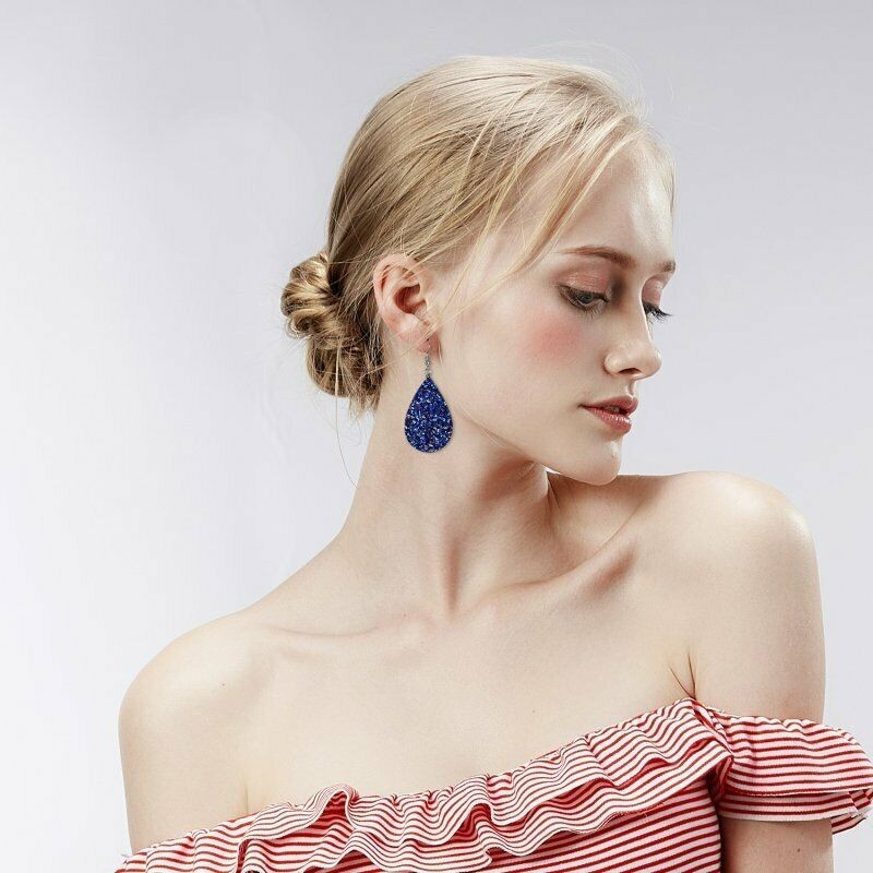 Fashion Jewelry Blue Glitter Faux Leather Fabric Teardrop Hook Dangle Earrings