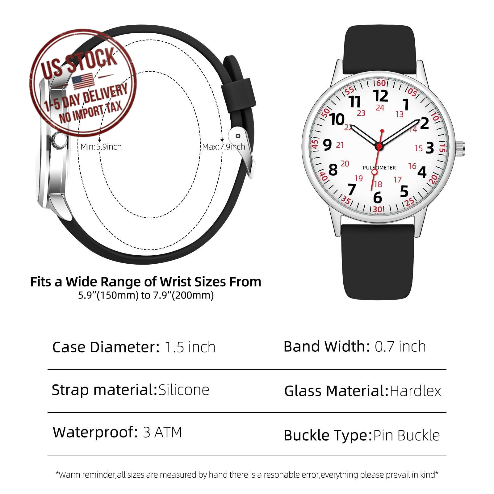 Waterproof Nurse Watch for Women Analog Silicone Watch with Second Hand Black