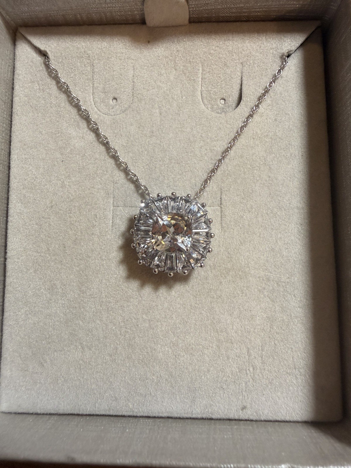 Zales White Sapphire Sunburst Frame Sterling Silver Pedant Necklace NWT