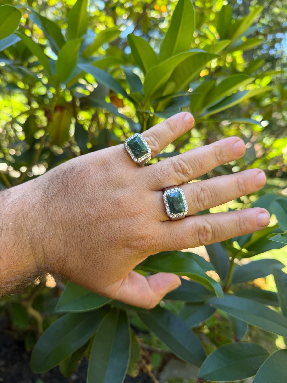 MOISSANITE Iced Natural 9ct Rectangle Green Emerald Stone Ring 925 Silver