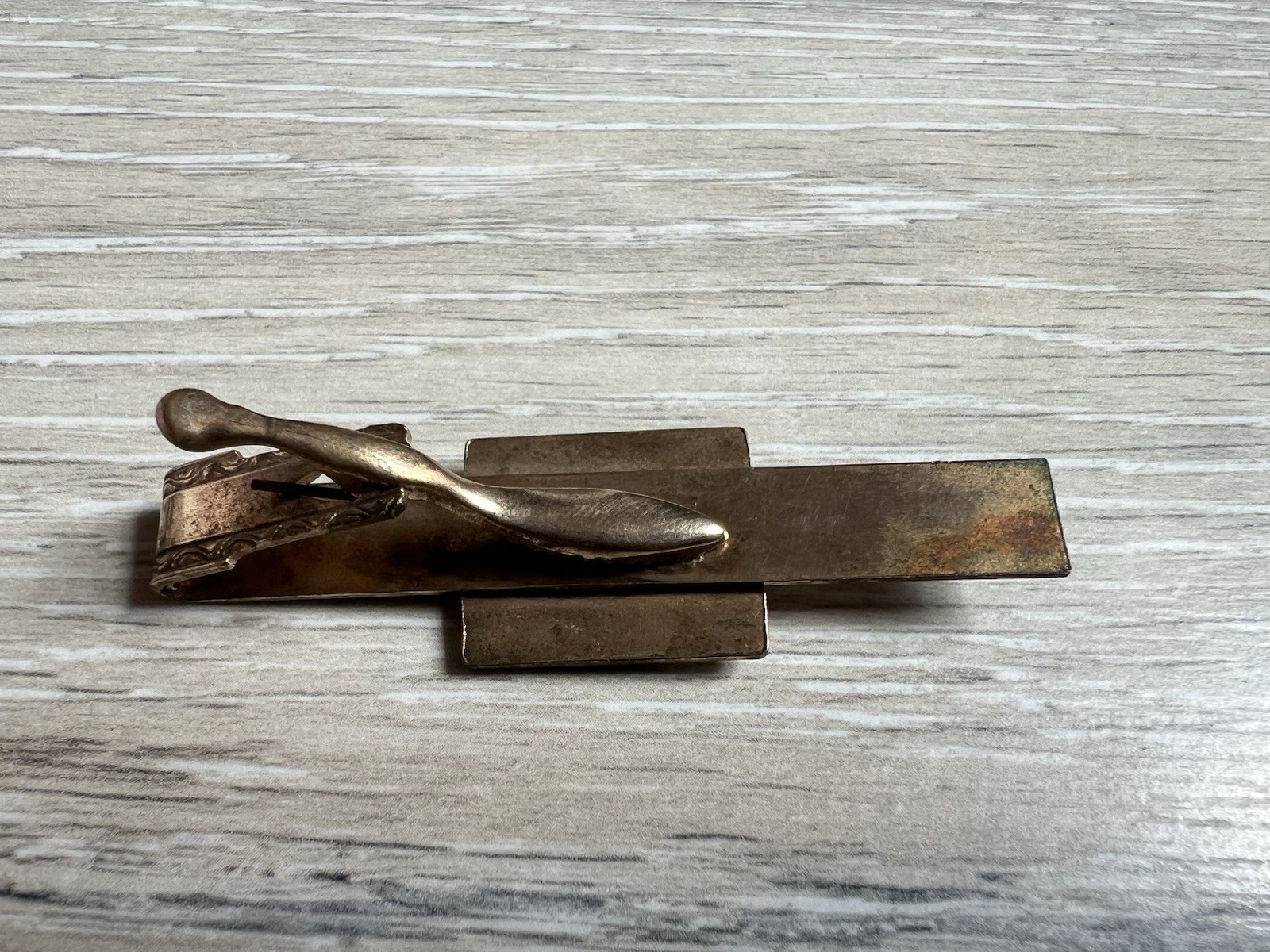 Vintage Brass Tie Clip Two Tone With Clear Stone/Mens Bracelet 2 Piece Lot