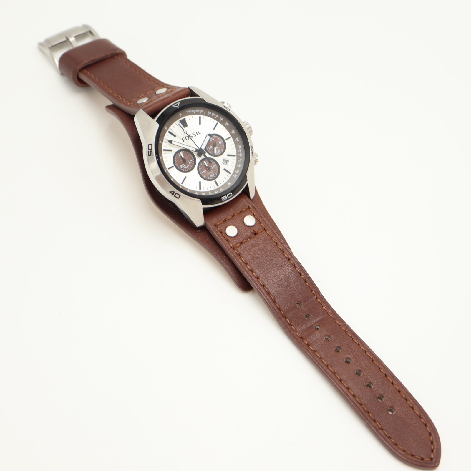 Fossil Coachman Mens Brown 45mm Watch Wood Grain Subs Leather Cuff w New Battery