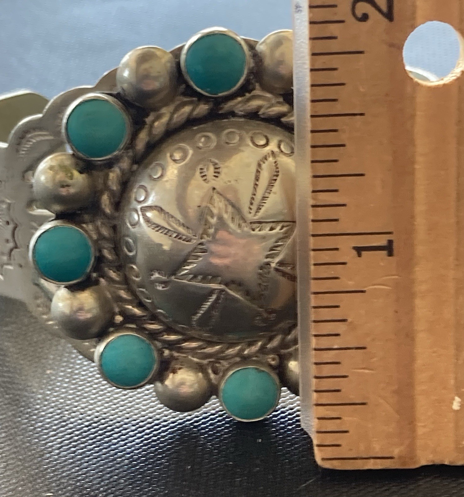 Vintage Bracelet Nickel Silver Faux Turquoise Cuff Stamped BELL TRADING POST