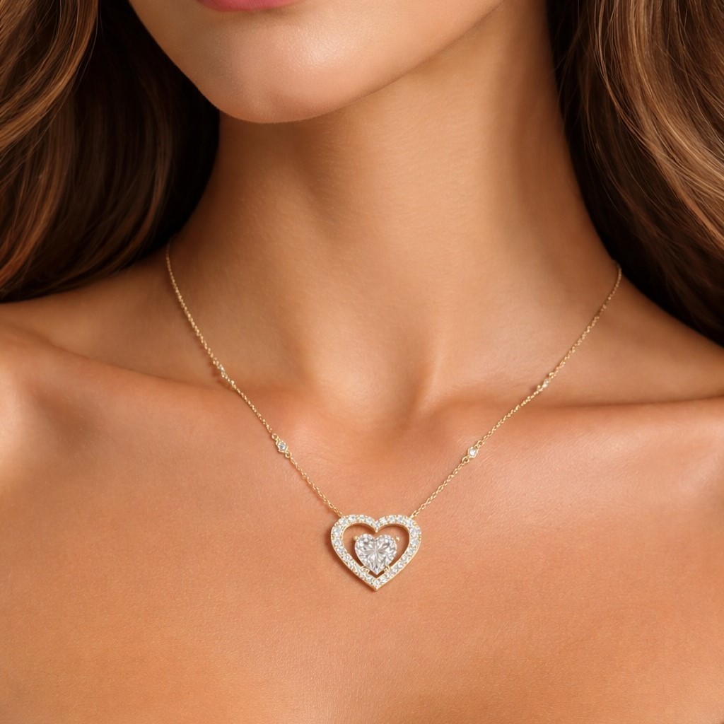1.60CT Heart & Round Cut Moissanite Luxuries’ Style Pendant Necklace in Silver
