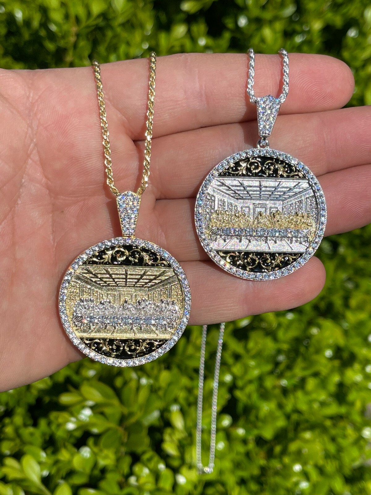 Solid 925 Silver / Gold Plated Jesus Last Supper Coin Medallion Pendant Italy CZ