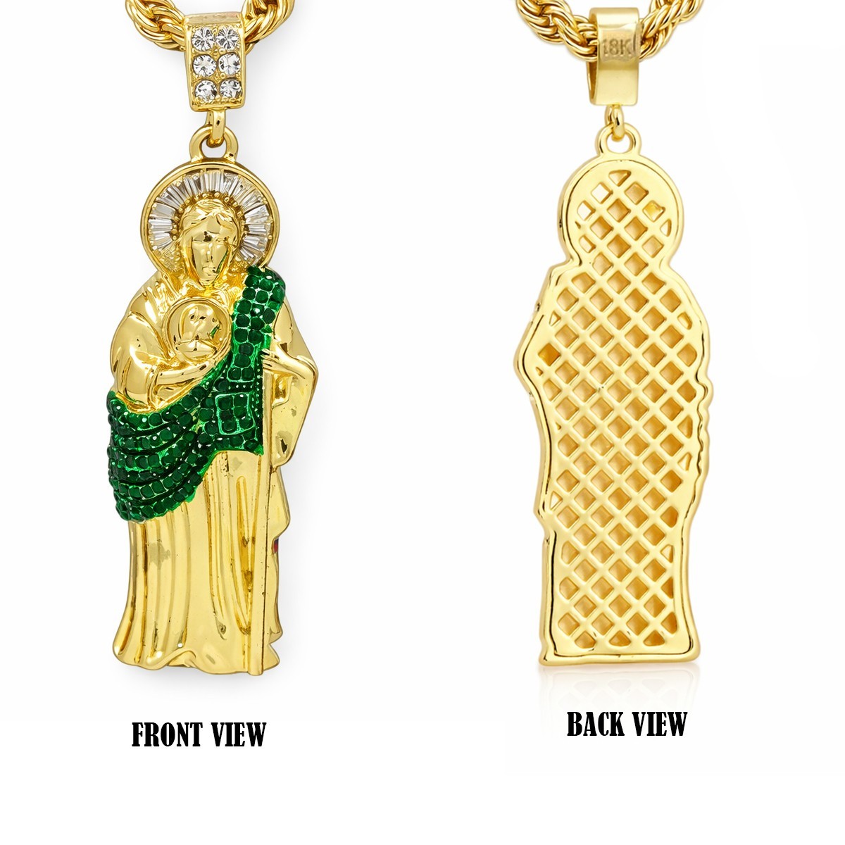 14K Gold Plated San Judas Pendant Necklace with Iced Out CZ, Rope Chain Large GR
