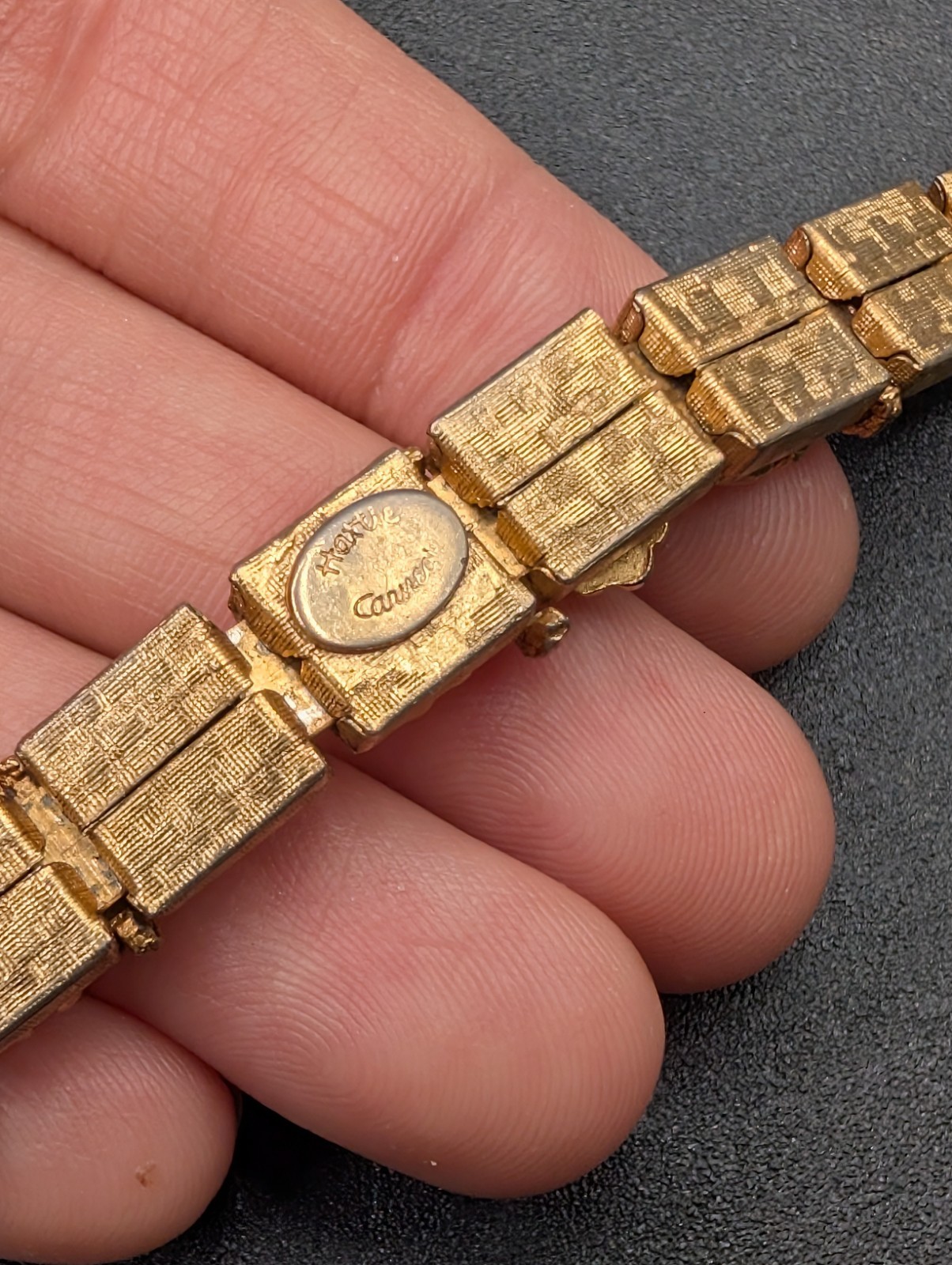 Vtg HATTIE CARNEGIE Signed Etruscan or Victorian Revival Gold Tone Bracelet