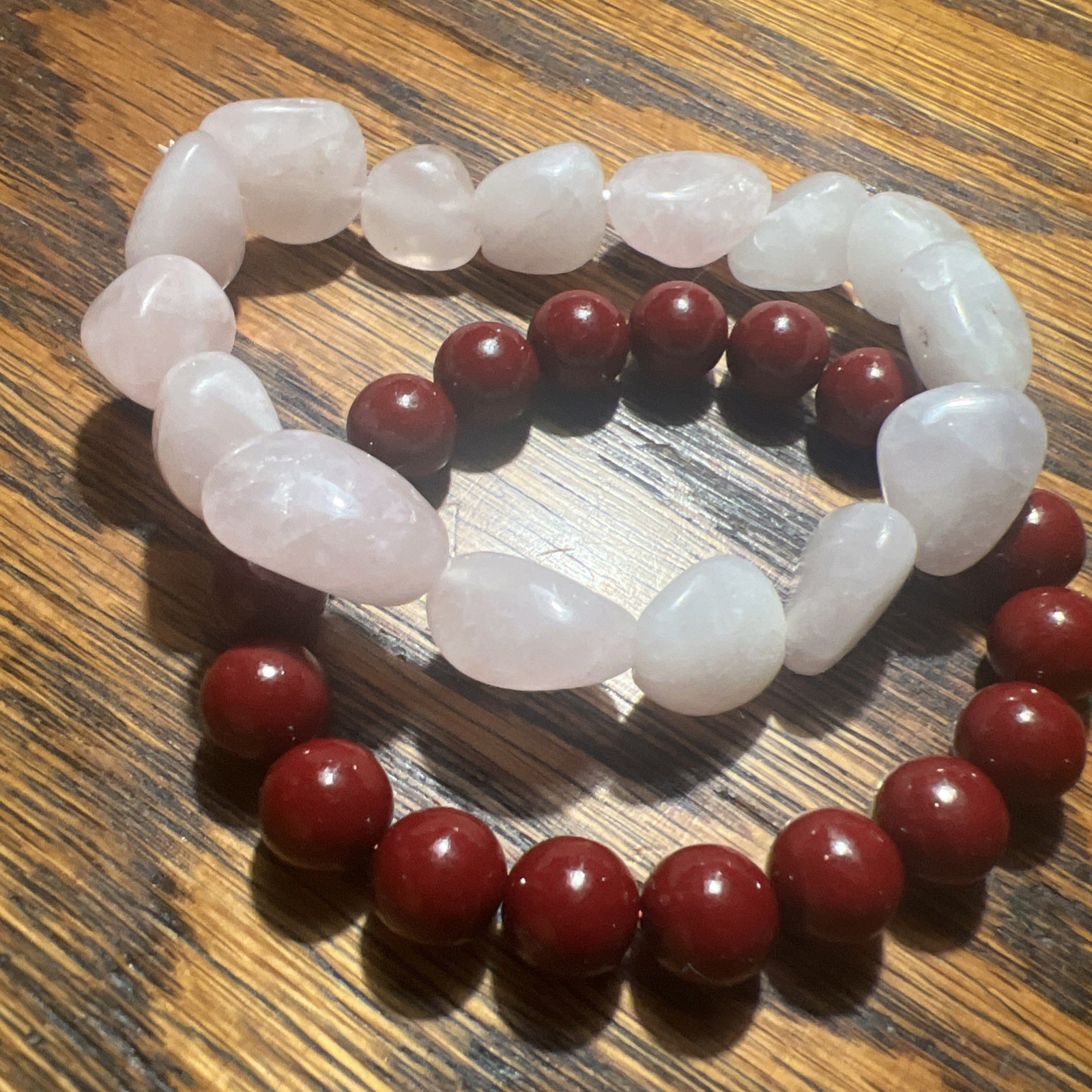 Gemstone Bracelets Womens L Set Of 2 Stretch Burgundy Red Lite Pink Stones