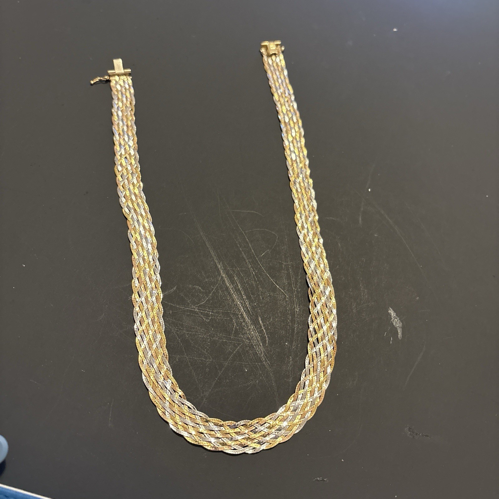 Vintage 1980 Solid 14K Tri-Color Gold Braided Herringbone Necklace Earring Set