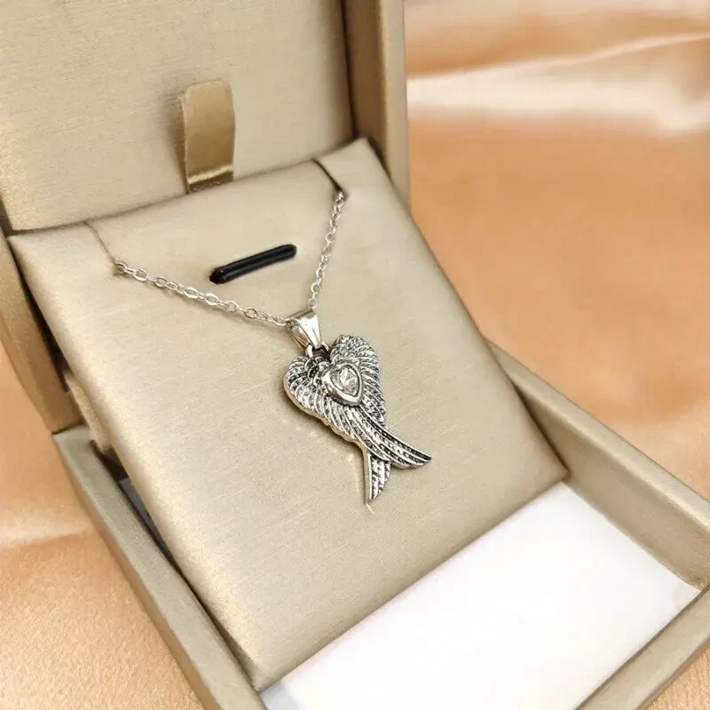 925 Sterling Silver White Topaz Guardian Angel Wings Goddess Pendant Necklace
